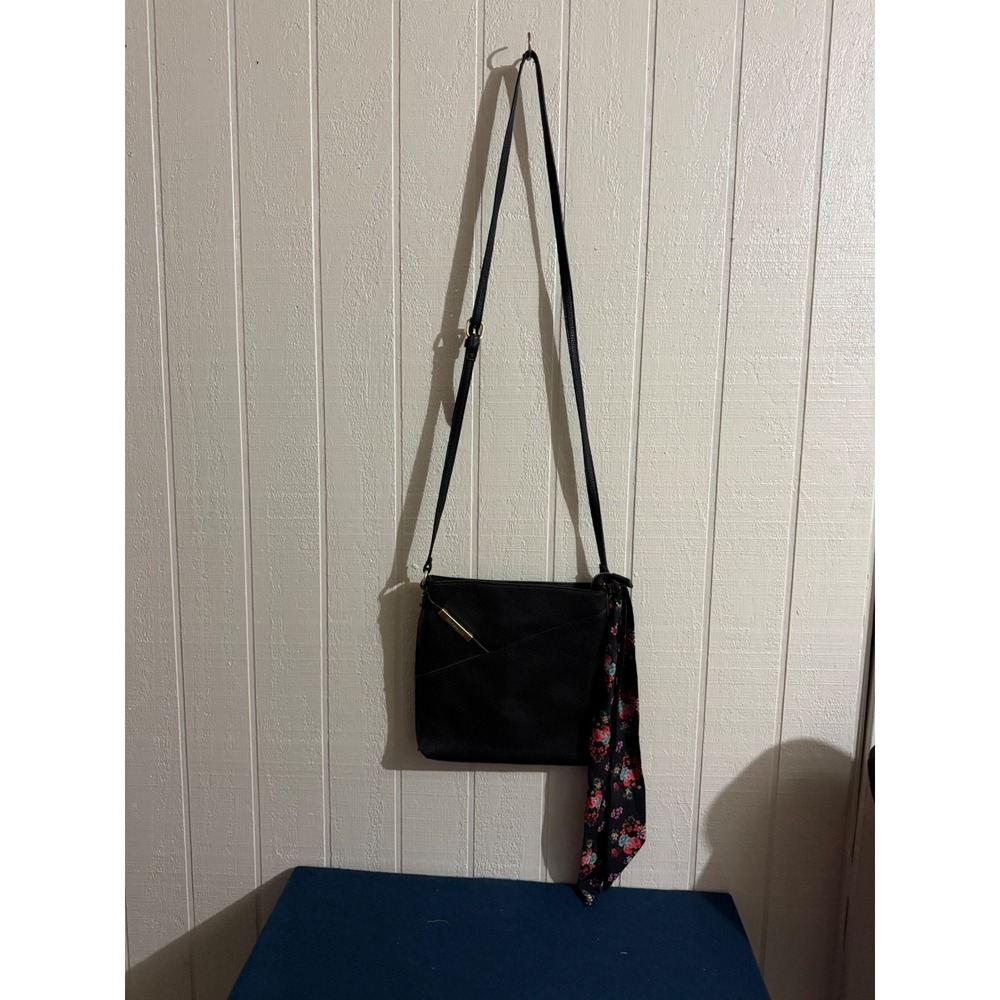 Steve Madden Black Pebbled Crossbody Bag with Floral Scarf Accent Gold Hardware